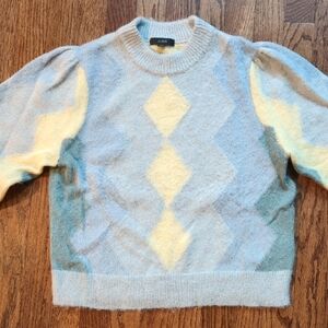 J. Crew Women's Fuzzy Argyle Sweater - Blue and Yellow With Puff Sleeves